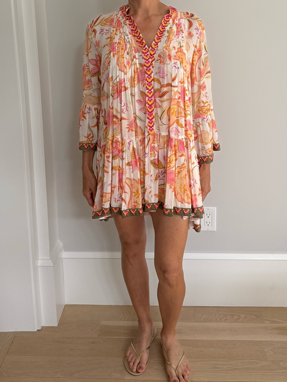 Women's Floral Tiered Mini Dress in Pink & Orange